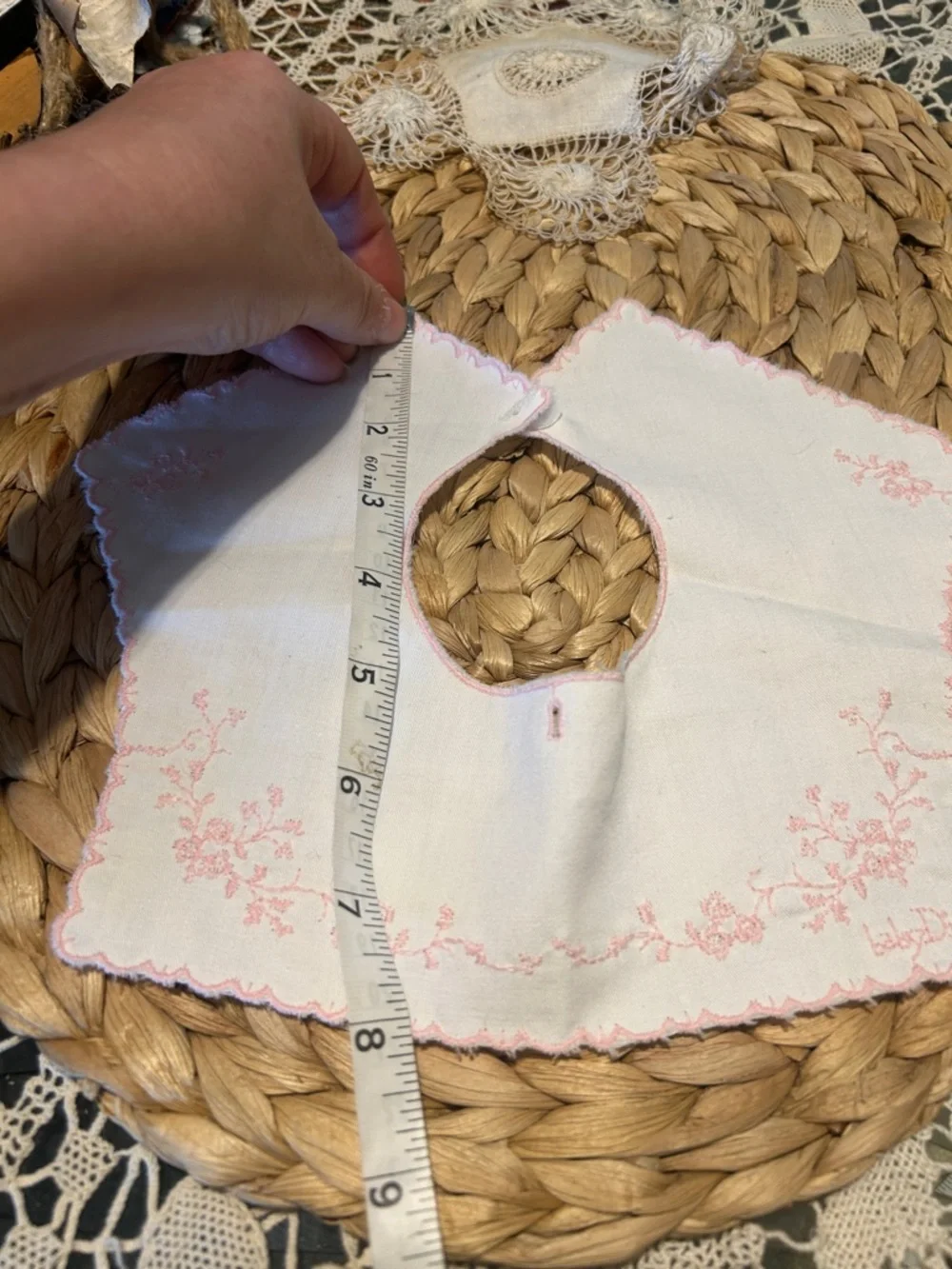 Vintage Handmade White Baby Bib with Pink Embroidery